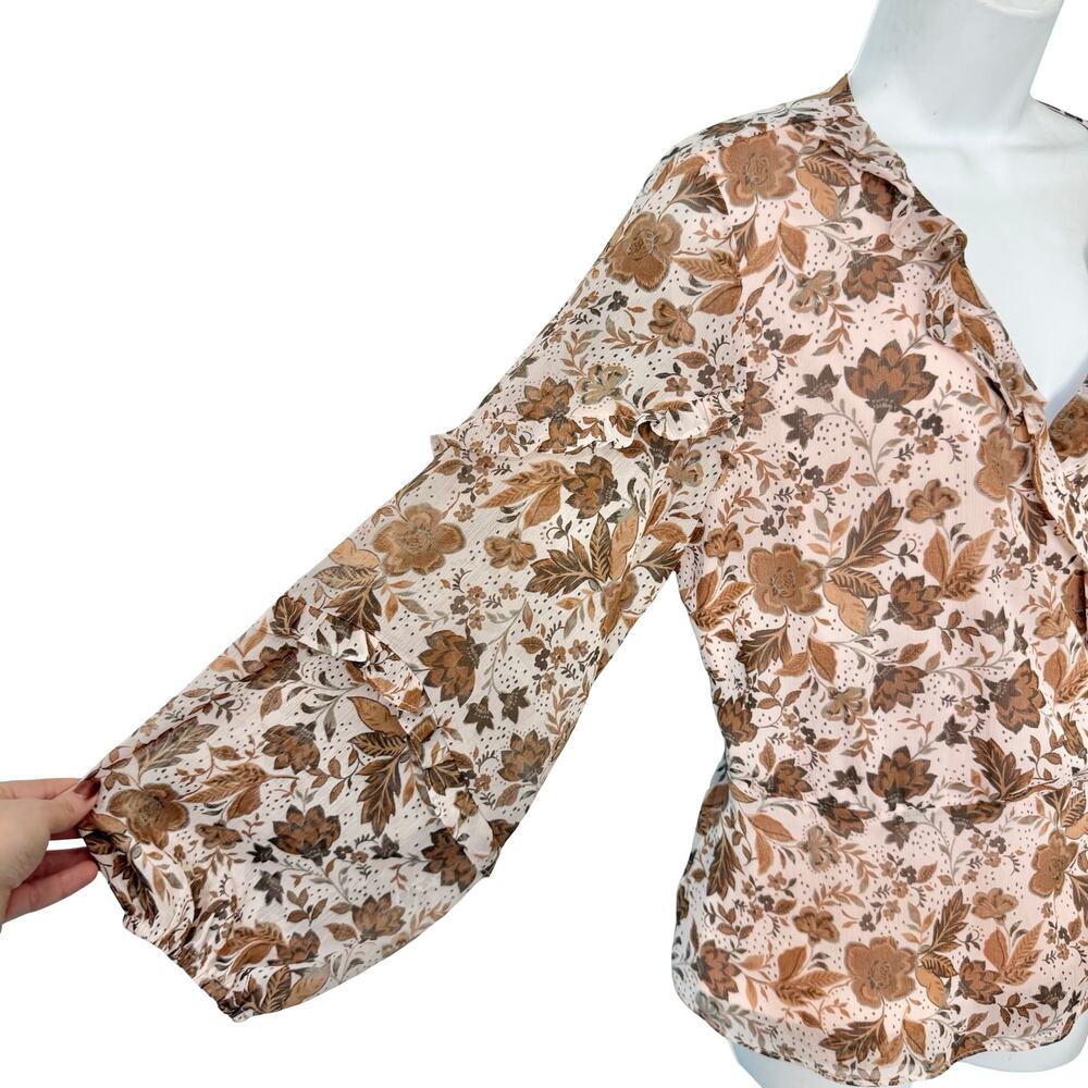 CeCe Cream Tan Fall Floral Leaves Ruffle Long Sleeve Tie Waist Wrap Top size L - Picture 7 of 11